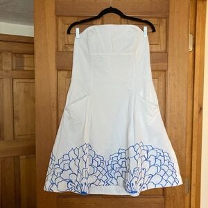 Lilly Pulitzer Strapless White & Blue Blossom Dress - Size 14, EUC